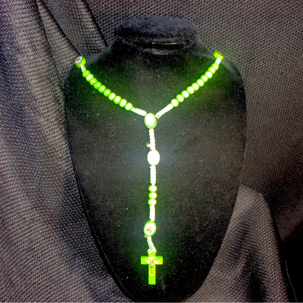 Wooden Green Rosary with Crucifixion and Mini Religious Figures
